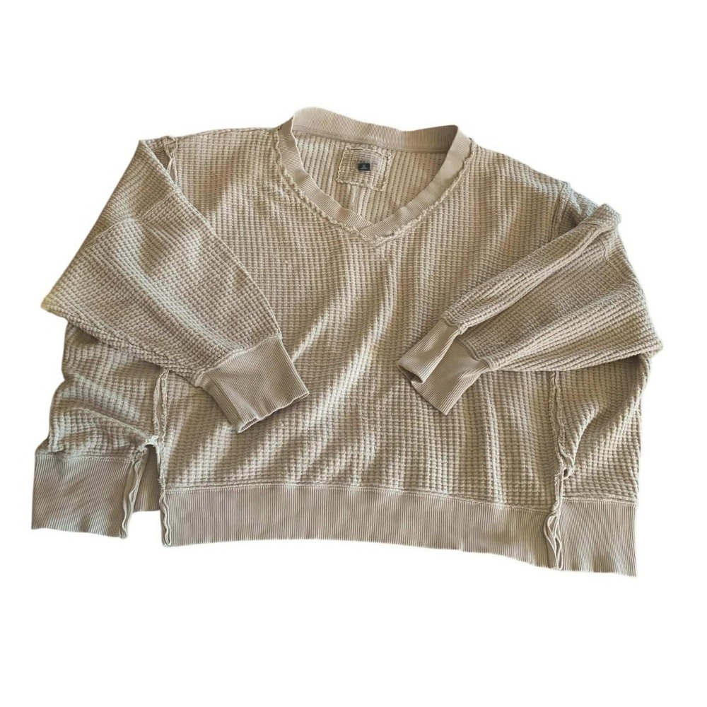 American Eagle Waffle Knit Pullover Women XL Beige Oversized Gorpcore Cozy VNeck